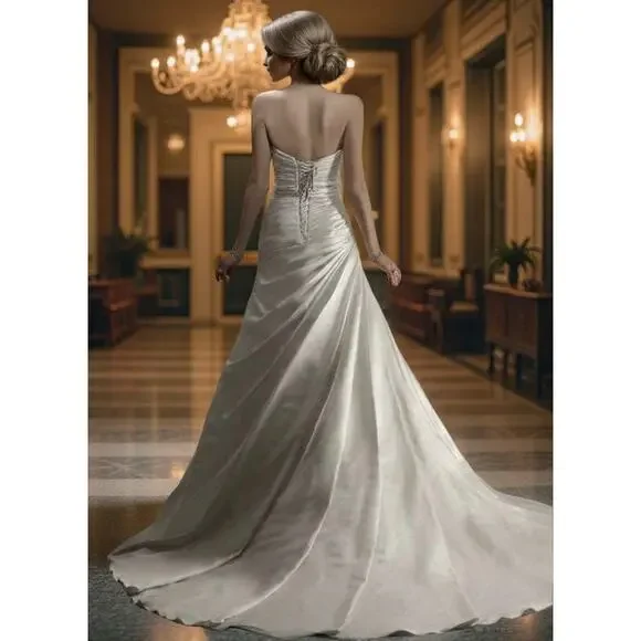 NWOT Maggie Sottero Satin Strapless Corset Fit Flare Wedding Dress Gown 8 10 12 - Picture 2 of 13